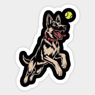 White German Shepherd Dog GSD Catching Yellow Tennis Ball Sticker